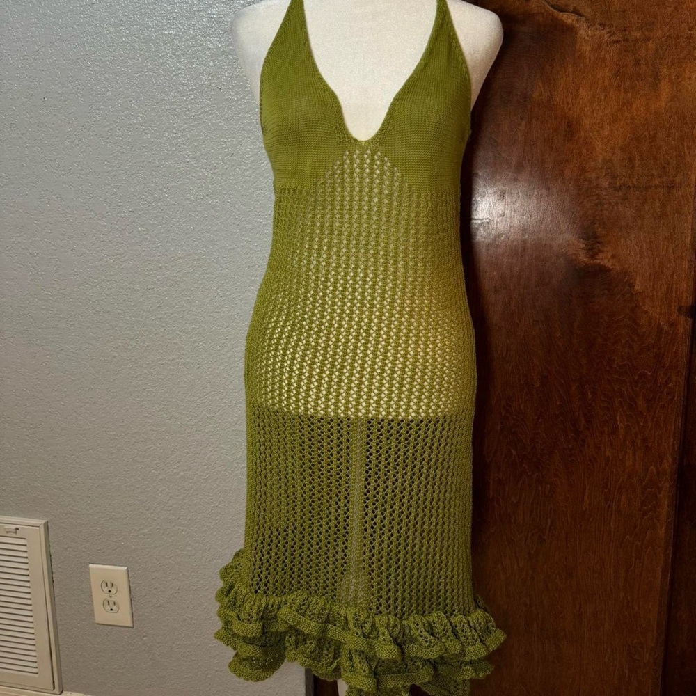 Micas adorable knit midi dress with ruffles on the hem green